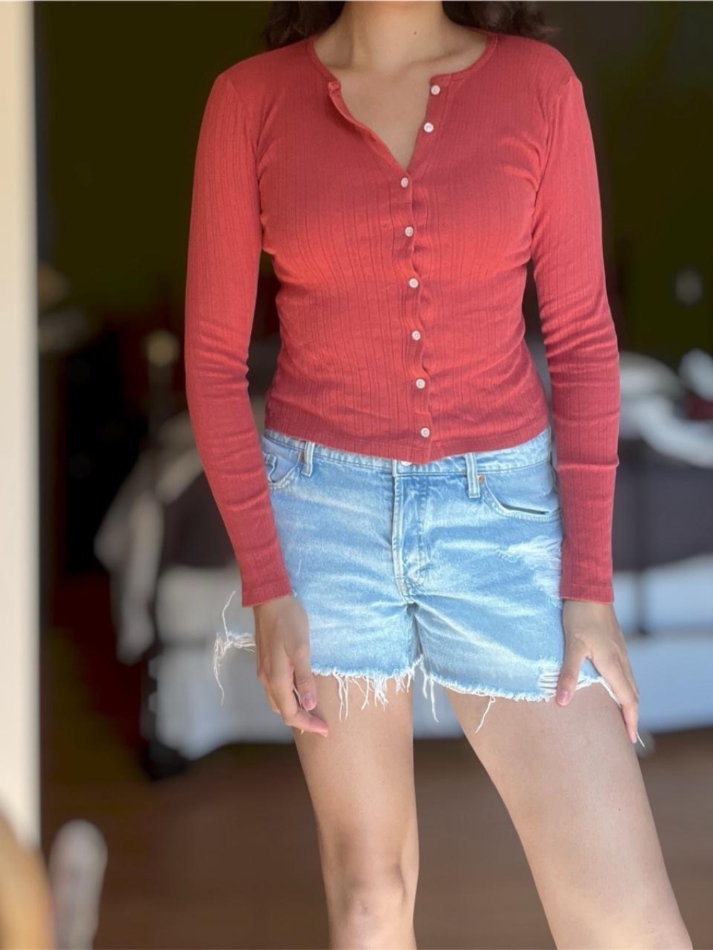 Brandy Melville Zelly Eyelet Top in Pink Henley